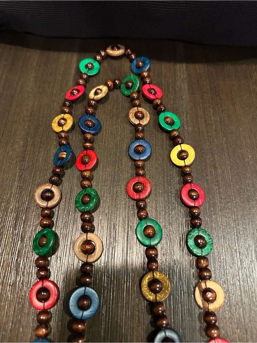 Vintage Bohemian Long Multi-Color Wood & Coconut Shell Disc Strand Neckla